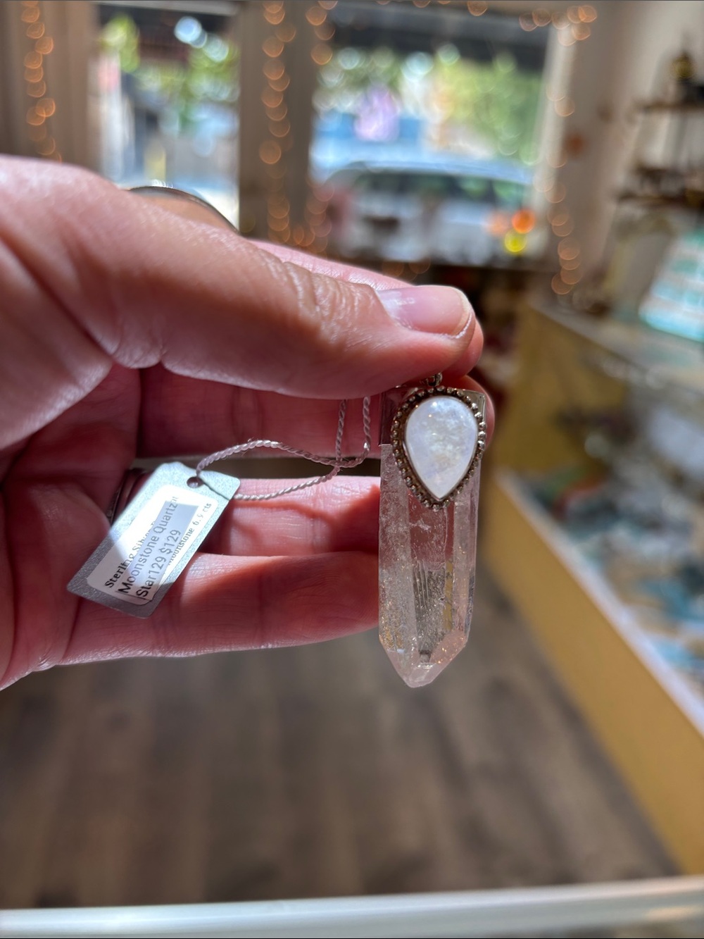 Moonstone & Clear Quartz Point Pendant Necklace - White